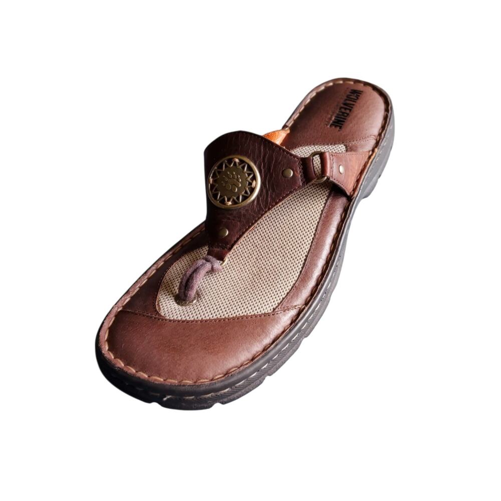 Wolverine Women's Thong Flip Flop Comfort Sandals Brown Leather Medallion Sz 10